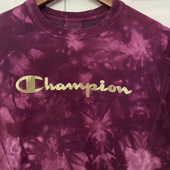 Champion Women's Reverse Weave Maroon Tie Dye Spellout Sweatshirt Size XS - Picture 3 of 8